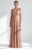 Vestido Mãe da Noiva, roxo escuro e decote em V longo, linha A com mangas compridas