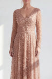 Vestido Mãe da Noiva, roxo escuro e decote em V longo, linha A com mangas compridas