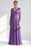 Vestido Mãe da Noiva, roxo escuro e decote em V longo, linha A com mangas compridas