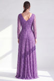Vestido Mãe da Noiva, roxo escuro e decote em V longo, linha A com mangas compridas
