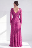 Vestido Mãe da Noiva, roxo escuro e decote em V longo, linha A com mangas compridas