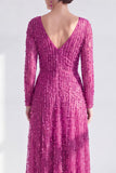 Vestido Mãe da Noiva, roxo escuro e decote em V longo, linha A com mangas compridas
