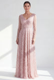 Vestido Mãe da Noiva, roxo escuro e decote em V longo, linha A com mangas compridas