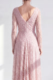 Vestido Mãe da Noiva, roxo escuro e decote em V longo, linha A com mangas compridas