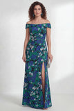 Vestido de Mãe da Noiva, Flor Verde Flor Ondulada, Ombro Descoberto Com Fenda