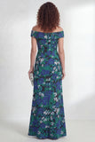 Vestido de Mãe da Noiva, Flor Verde Flor Ondulada, Ombro Descoberto Com Fenda