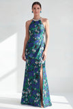 Vestido de mãe da noiva com decote halter, flor verde com contas e franzidas, vestido de mãe da noiva