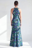 Vestido de mãe da noiva com decote halter, flor verde com contas e franzidas, vestido de mãe da noiva