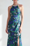 Vestido de mãe da noiva com decote halter, flor verde com contas e franzidas, vestido de mãe da noiva