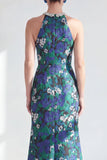 Vestido de mãe da noiva com decote halter, flor verde com contas e franzidas, vestido de mãe da noiva