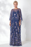 Vestido da Mãe da Noiva Azul Azul-marinho Floral Bordado