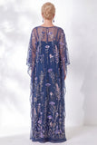 Vestido da Mãe da Noiva Azul Azul-marinho Floral Bordado