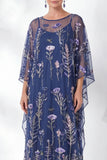 Vestido da Mãe da Noiva Azul Azul-marinho Floral Bordado