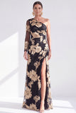 Vestido de Mãe da Noiva Floral de Champanhe Floral de Um Ombro com Fenda