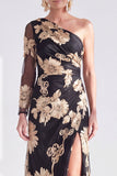 Vestido de Mãe da Noiva Floral de Champanhe Floral de Um Ombro com Fenda
