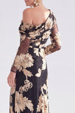 Vestido de Mãe da Noiva Floral de Champanhe Floral de Um Ombro com Fenda