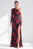 Vestido de Mãe da Noiva Floral de Champanhe Floral de Um Ombro com Fenda