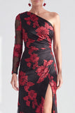 Vestido de Mãe da Noiva Floral de Champanhe Floral de Um Ombro com Fenda