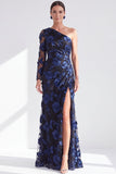 Vestido de Mãe da Noiva Floral de Champanhe Floral de Um Ombro com Fenda