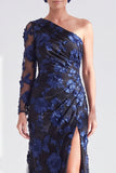 Vestido de Mãe da Noiva Floral de Champanhe Floral de Um Ombro com Fenda