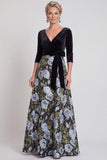 Vestido de Mãe da Noiva Flor Azul, Linha em V, Decote em V, com mangas 3/4