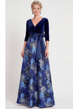 Vestido de Mãe da Noiva Flor Azul, Linha em V, Decote em V, com mangas 3/4