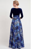 Vestido de Mãe da Noiva Flor Azul, Linha em V, Decote em V, com mangas 3/4