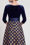 Vestido de Mãe da Noiva Flor Azul, Linha em V, Decote em V, com mangas 3/4