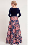 Vestido de Mãe da Noiva Flor Azul, Linha em V, Decote em V, com mangas 3/4