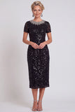Vestido de mãe da noiva preto preto brilhante com lantejoulas de gola redonda Bodycon Midi
