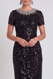 Vestido de mãe da noiva preto preto brilhante com lantejoulas de gola redonda Bodycon Midi