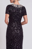 Vestido de mãe da noiva preto preto brilhante com lantejoulas de gola redonda Bodycon Midi