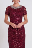 Vestido de mãe da noiva preto preto brilhante com lantejoulas de gola redonda Bodycon Midi