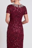 Vestido de mãe da noiva preto preto brilhante com lantejoulas de gola redonda Bodycon Midi
