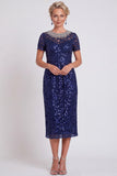 Vestido de mãe da noiva preto preto brilhante com lantejoulas de gola redonda Bodycon Midi