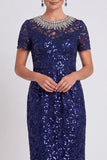 Vestido de mãe da noiva preto preto brilhante com lantejoulas de gola redonda Bodycon Midi