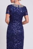 Vestido de mãe da noiva preto preto brilhante com lantejoulas de gola redonda Bodycon Midi