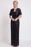 Vestido longo de mãe da noiva com lantejoulas pretas brilhantes bodycon