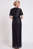 Vestido longo de mãe da noiva com lantejoulas pretas brilhantes bodycon