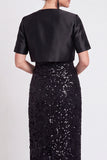 Vestido longo de mãe da noiva com lantejoulas pretas brilhantes bodycon