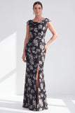 Vestido de Mãe da Noiva Preto Preto Floral Longo com Fenda