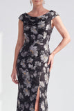Vestido de Mãe da Noiva Preto Preto Floral Longo com Fenda