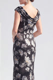 Vestido de Mãe da Noiva Preto Preto Floral Longo com Fenda