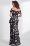 Vestido de Mãe da Noiva, sereia preta preta floral com folhos e abertura