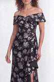 Vestido de Mãe da Noiva, sereia preta preta floral com folhos e abertura