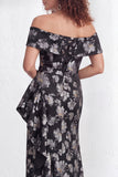 Vestido de Mãe da Noiva, sereia preta preta floral com folhos e abertura