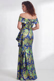 Vestido de Mãe da Noiva, sereia preta preta floral com folhos e abertura