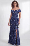 Vestido de Mãe da Noiva, sereia preta preta floral com folhos e abertura