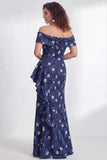 Vestido de Mãe da Noiva, sereia preta preta floral com folhos e abertura