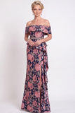 Vestido longo de mãe da noiva azul com folhos florais e folhos de mãe da noiva